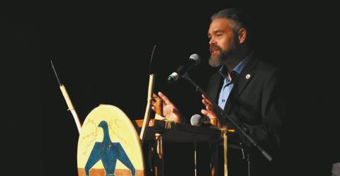 Jamie Azure, chair of the Turtle Mountain Band of Chippewa, spoke during the Tribal Leaders Summit in Bismarck on Sept. 4, 2024. Turtle Mountain, Spirit Lake Nation and three tribal citizens are challenging a ruling in a voting rights case. Photo by Michael Achterling/North Dakota Monitor