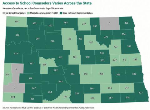 This graphic shows the number of school counselors there are to students across North Dakota counties using 2023 data. A check with Cavalier County found that they do now have a counselor in the school system there. A total of 35 counties do not meet the American School Counselor Association recommended ratio of one counselor to 250 students.