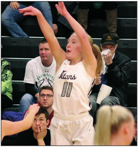 Meghan Lorton puts up a three late in the game against Thompson in Drayton on Monday night. VNV Photo by Lesa Van Camp