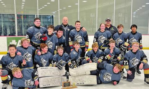 The North Stars Peewee ‘B’ hockey team front from left, Easton Ziegelmann and Kaisin Twamley. Row 2: Max Pokrzywinski, Lincoln Aasand, Austin Estad, Drake Gire, Micah Peschong, Evan Dahl, Laith Hoenke and Ryker Votava. Back: Andrew Flanders, Remington Dahlen, Alex Bercier, coach Matt Peschong, Cal Spoonland, Julia Heidt, assistant coach Nick Ziegelmann, Camden Riske and Adrian Ranta. Photo and story submitted (reprinted courtesy of The Walsh County Record as seen in their March 17, 2021 issue.)