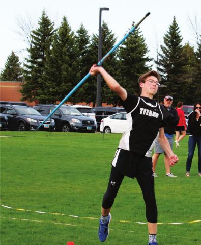 Jonathon Knutson throws the javelin at the Last Chance track meet Monday May 23rd in Grand Forks. VNV photo by Lyle Van Camp