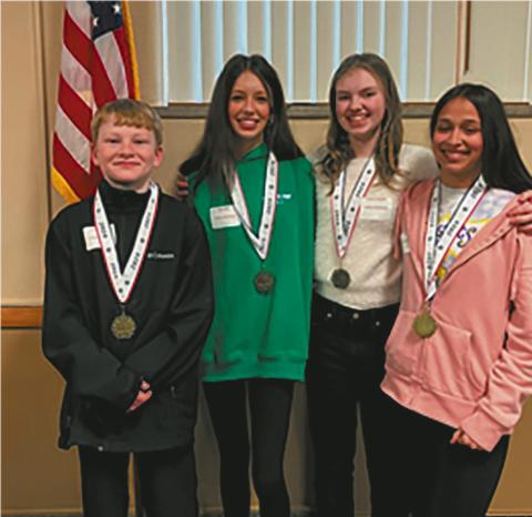 The team from Valley-Edinburg School, coached by Kathryn Otto, won 1st place for Pembina County. Team members, from left, included Joe Langerud, Gianna Hall, Aubrey Ratliff, and Aaliyah Parry.