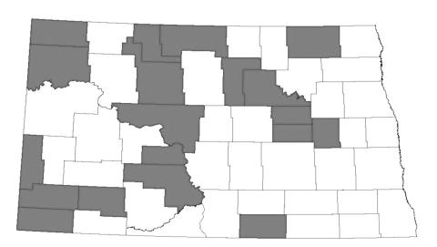North Dakota counties with confirmed populations of Group 14 resistant kochia.