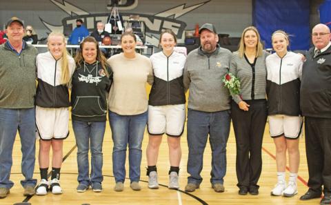 Senior Parents Night was held in the Drayton gym last Monday night. Pictured left to right are Titans Girls Basketball players along with their parents: Mike Lorton, Meghan Lorton, Deena Vigen-Lorton, Jessica Hermanson, Madison Hermanson, Mark Hermanson, Kerr; Stegman, Kasey Stegman, and Wayne Stegman. VNV Photo by Lesa Van Camp