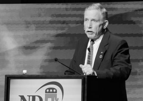 Alex Balazs speaks to delegates at the 2024 North Dakota Republican Party Convention in Fargo on April 6, 2024. He announced a campaign to run again in 2026. (Photo by Michael Achterling North Dakota Monitor)