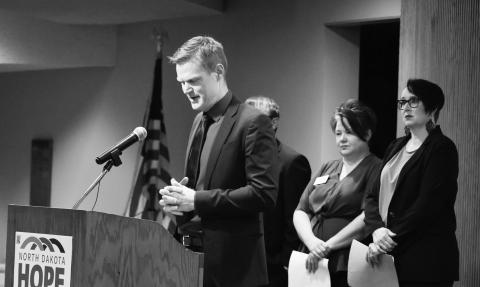 Greg Kasowski, executive director at Children’s Advocacy Centers of North Dakota, announces a new initiative to raise awareness about child abuse and exploitation at a Jan. 8. Photo by Mary Steure/North Dakota Monitor