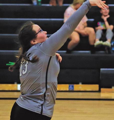 Aunna Laroque sends the ball over the net in the Drayton gym last Thursday night. VNV Photo by Lesa Van Camp