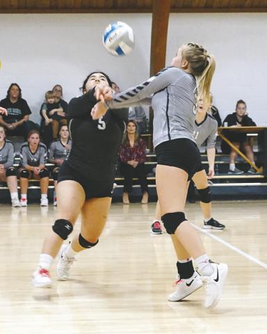 Emily Gonzalez and Claire Thompson both go for a dig against the NB Eagles. Photo by Larry Stokke.