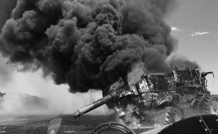 A combine that is not periodically cleaned will have highly combustible material tucked into numerous places ready to become a fuel source for fire. (Photo courtesy of Kindred Fire Department)