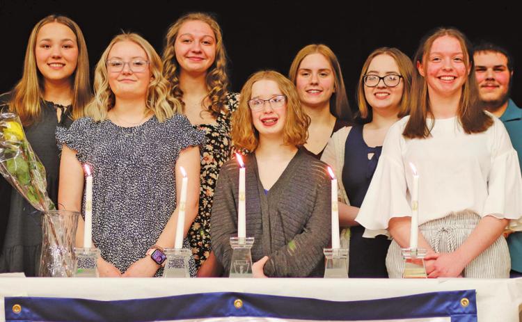 Members of the National Honor Society pictured left to right: Hailey Berg, MacKenzie Guss, Kayli Staskivige, Siobhan Kissee, Kiara Aasand, Jordie Praska, Kelsi Staskivige, and Bradin Dalzell. VNV Photo by Lesa Van Camp