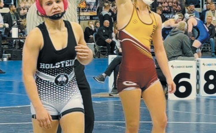 Drayton’s Allysa Hoyles finished 7th in her class at the state wrestling championships. Photo by Raven Smith.
