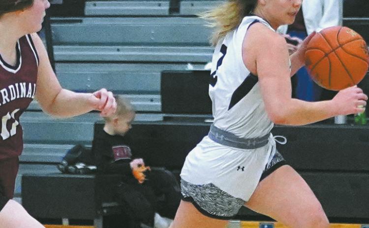 Brooke Gullickson hustles the ball up the court against Langdon defender Erika Bakke. Photo by Larry Stokke.