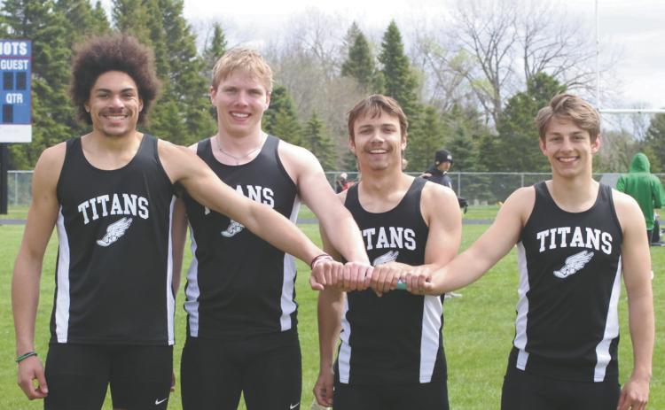 Regional Champions of the Men's 4x100 Relay: Mason Pollestad, Carter Oberg, Trenten Keena, and Carter Johnson. Photo by Jamie Rarick