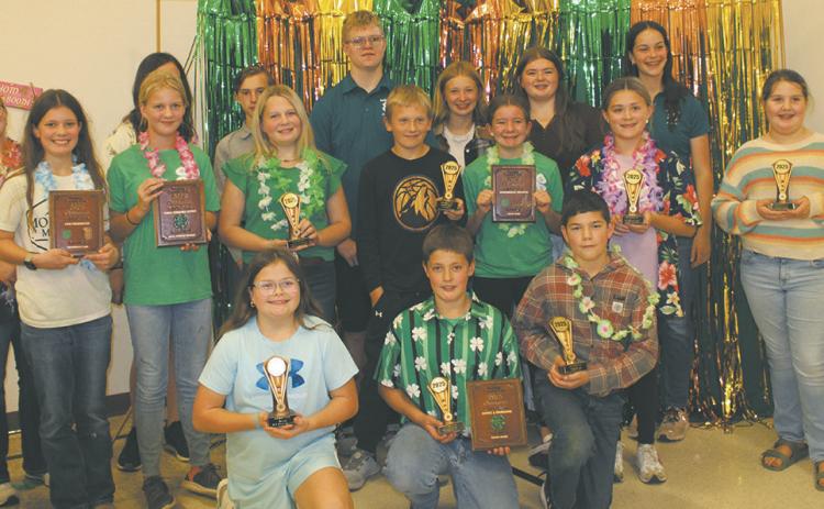 Front: (L-R) Aubrey Steele, Oscar Hunter, Colt Creau; middle row: Chloe Hunter, Stella Norrell, Bailey Samuelson, Kyle Johnson, Adlee Hay, Mallory Latozke, Astrid Helmeke; back row: Madalynn Steele, Naomi Stegman, Charles Midkiff, Chaz Halverson, Emersen Helgoe, Mylee Gapp, and Caroline Stegman.