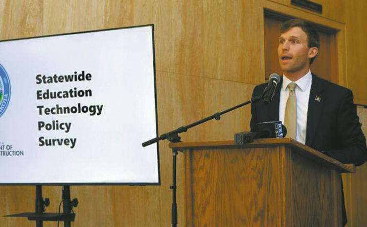 Superintendent of Public Instruction Levi Bachmeier speaks about a statewide education survey on student technology use during a press conference on May 28, 2026. (Photo by Michael Achterling/North Dakota Monitor
