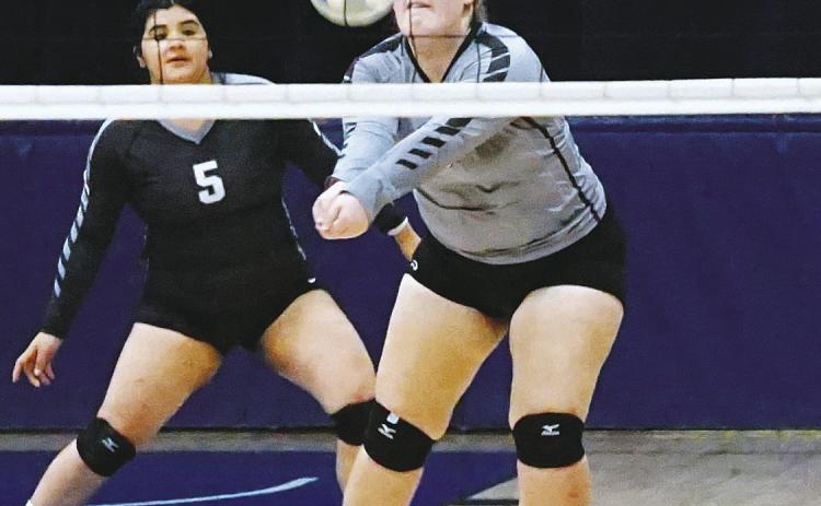 Isabella Douville bumps the ball to a teammate againt the NB Eagles in Pembina Oct 27th. Photo by Larry Stokke.