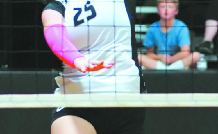 DVE senior Christine O'Toole extends for the spike. Photo by Larry Stokke.