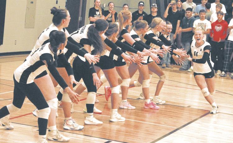DVE senior Alyssa Hoyles runs through the opening lineup before Thursday's volleyball game in Drayton.