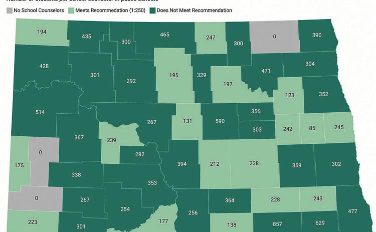 This graphic shows the number of school counselors there are to students across North Dakota counties using 2023 data. A check with Cavalier County found that they do now have a counselor in the school system there. A total of 35 counties do not meet the American School Counselor Association recommended ratio of one counselor to 250 students.