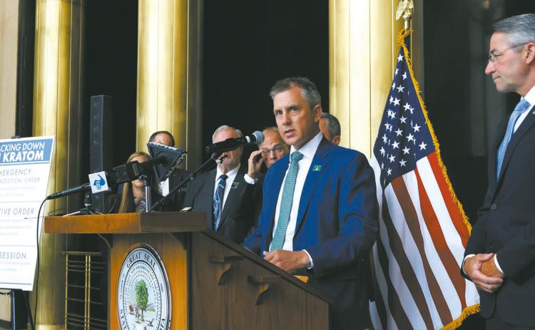 North Dakota Gov. Kelly Armstrong speaks during a press conference after announcing actions to restrict kratom in North Dakota on Aug. 3, 2026. (Photo by Michael Achterling/North Dakota Monitor)