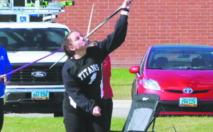 DVE senior Christine O’Toole launches the javelin during Tuesday’s competition at Cushman Field, earning a season best distance of 78’ 9”. Photo by Jamie Rarick