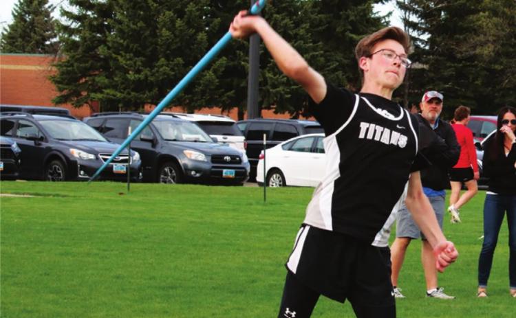 Jonathon Knutson throws the javelin at the Last Chance track meet Monday May 23rd in Grand Forks. VNV photo by Lyle Van Camp