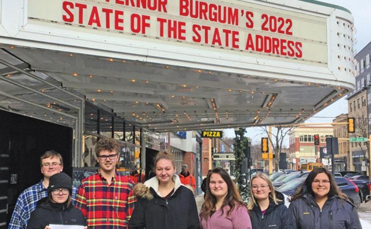 DHS Government Class standing in front of the historic Fargo Theater. Pictured left to right: Jordie Praska, Cole Wilson, Nick Van Camp, Kayli Staskivige, Ariaunna Larocque, Mackenzie Guss, and Aaliyah Lorenzen. Photo provided by Drayton Public School