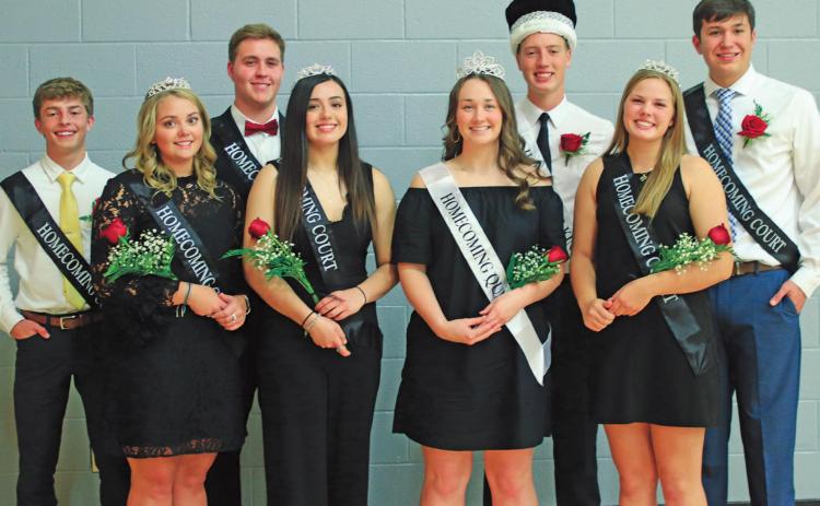 Pictured above left to right: Drayton High School Homecoming Court Samuel Johnson, Aliyah Bartles, Noah Hanson, Leslie Pena, Queen Madison Hermanson, King Damian Pokrzywinski, Kasey Stegman, and Gage Pollestad. VNV Photo by Lesa Van Camp