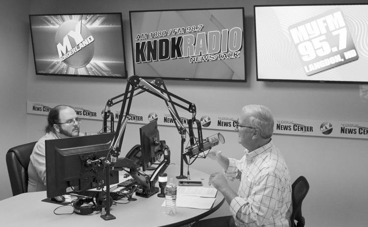 Senator Cramer being interviewed by Nick Vorlage at Simmons Multimedia Headquarters. Photo by Larry Stokke.