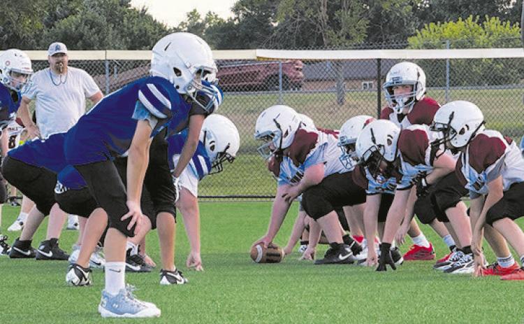 Bismarck Youth Football League teams the Cowboys (left) square off against the Cardinals in a pre-season scrimmage on the baseball outfield at Shiloh Christian School on Sept. 7, 2026. Photo, Michael Standaert, NDNC.