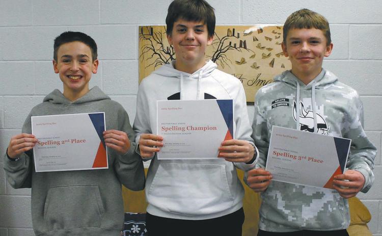 Spelling Bee winners: (L to R) Rylan Nord- 2nd Place, Gavin Cole Champion, Shawn Patterson- 3rd Place Photo by Jamie Rarick