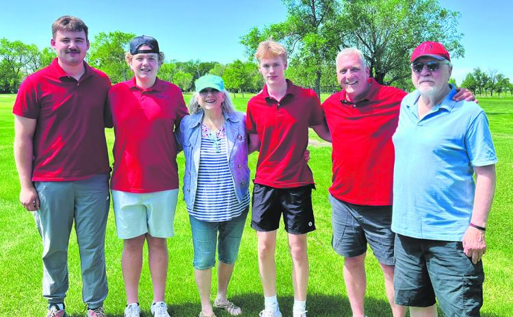 The Aasand family was a Gold Sponsor of the golf scramble. Half of the proceeds will go toward the Steve Aasand Scholarship fund. Pictured here (L to R): Rocco Hepokoski, Lincoln Aasand, Marlene Aasand, Thomas Aasand, Mike Aasand, and Dale Aasand.
