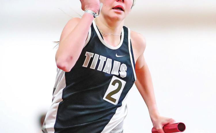 Easton Larson runs in a relay during the Cobber Indoor Track Meet at Concordia last Saturday. Photo by Cory Erickson Hillsboro Banner